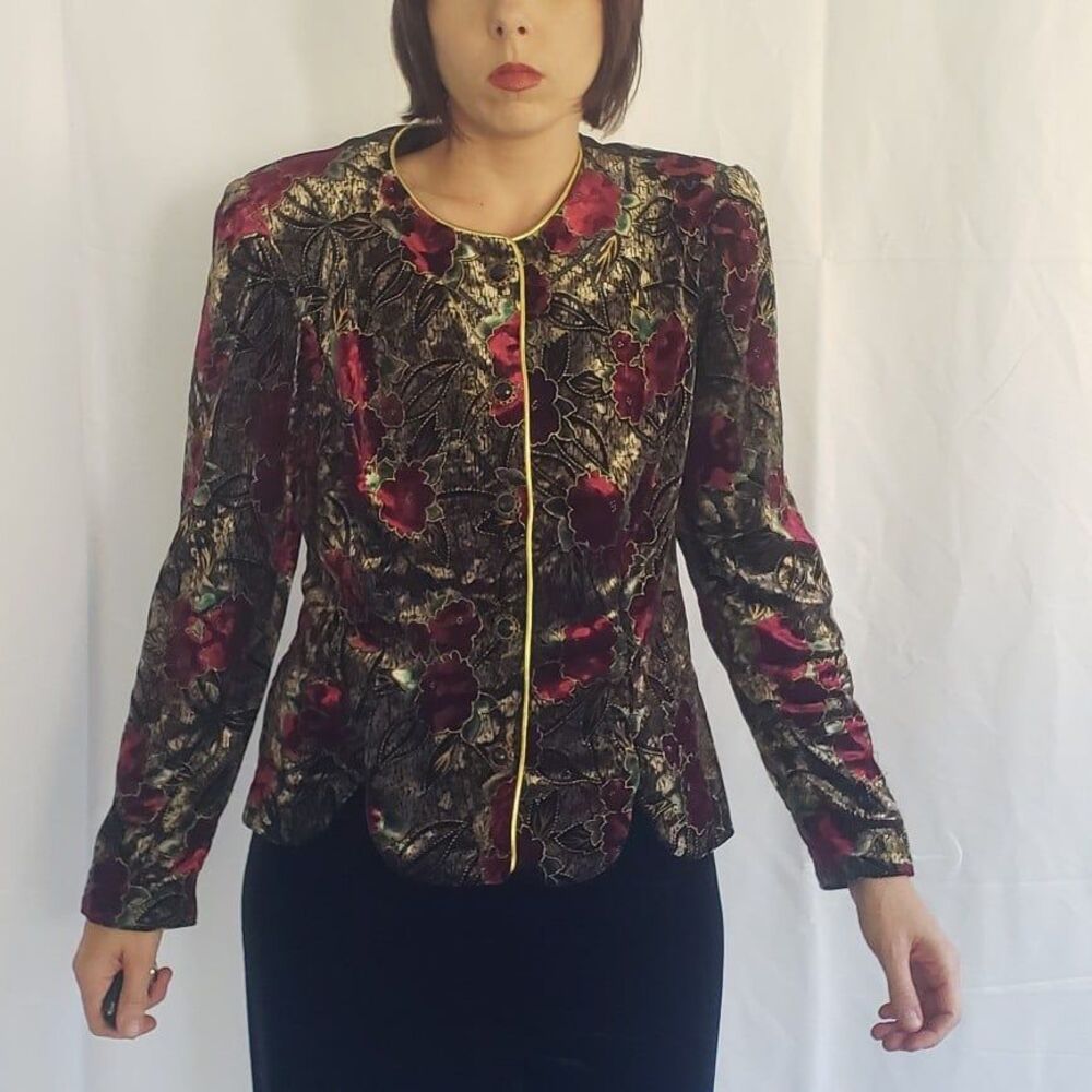 90s Gold and Red Floral‎ Velvet Jacket